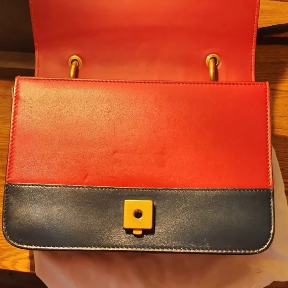Gucci Cream, Red & Navy Leather Shoulder Bag with Jeweled Bee - Picture 5 of 7